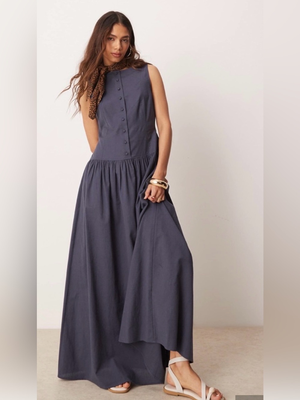 ASOS DESIGN Linen Blend Button Front Dropped Waist Maxi Dress Deep Navy Size 8